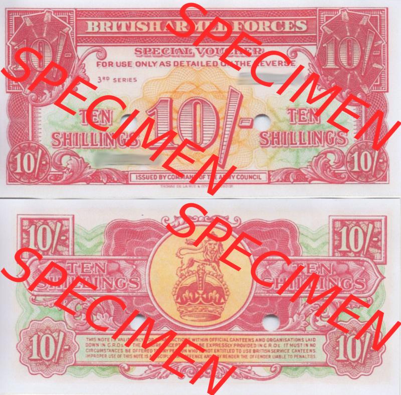 Banknoten Britisches Militär 1956-1956, 10 Schilling, Ten Shillings 3. Serie. Vorderseite und Rückseite auf einen Digitalen Bild der Banknoten vom Britisches Militär... Sammlung