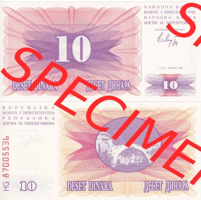 Banknoten Bosnien und Herzegowina 1992, 10 Dinara Deset. Vorderseite und Rückseite auf einen Digitalen Bild der Bosnien und Herzegowina-Banknoten... Sammlung