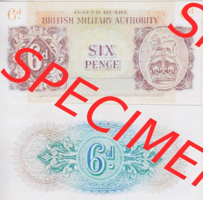 Banknoten Britisches Militär 1943-1943, 6 Pence. Vorderseite und Rückseite auf einen Digitalen Bild der Banknoten vom Britisches... Sammlung
