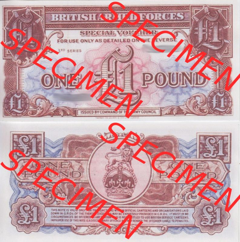 Banknoten Britisches Militär 1956-1956, 1 Pfund, One Pound 3. Serie. Vorderseite und Rückseite auf einen Digitalen Bild der Banknoten vom Britisches Militär 1956.... Sammlung