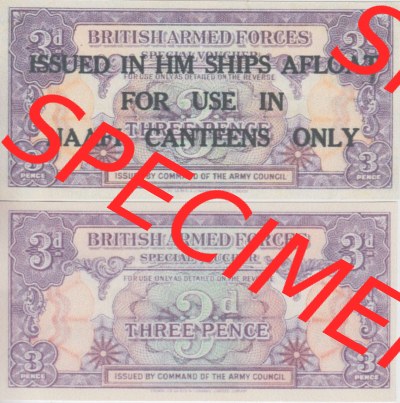Banknoten Britisches Militär 1946-1946, 3 Three Pence II.. Vorderseite und Rückseite auf einen Digitalen Bild der Banknoten... Sammlung
