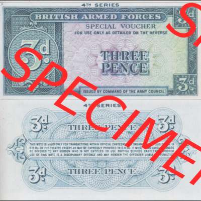 Banknoten Britisches Militär 1962-1962, 3 Pence, Three Pence 4. Serie. Vorderseite und Rückseite auf einen Digitalen Bild der Banknoten vom Britisches Militär 1962.... Sammlung