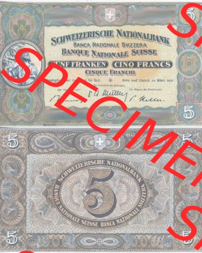 Banknoten Schweiz 1913-1953, 5 Franken. Vorderseite und Rückseite auf einen Digitalen Bild der Banknoten der Schweiz 1913-1955,... Sammlung
