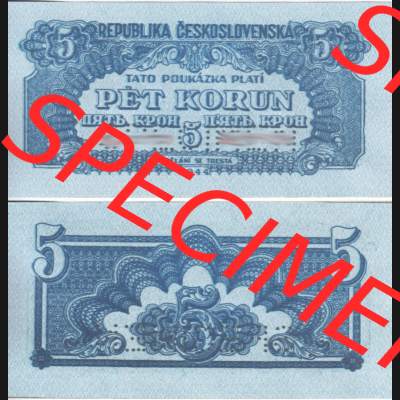 Banknoten Tschechoslowakei 1944-1944, 5 Kronen. Vorderseite und Rückseite auf einen Digitalen Bild der Banknoten der Tschechoslowakei 1944-1945, Banknoten aus Satz der Banknoten... Sammlung