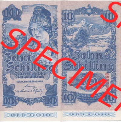 Banknoten Österreich 1945-1945, 10 Schilling Zweite Ausgabe. Vorderseite und Rückseite auf einen Digitalen Bild der Banknoten... Sammlung