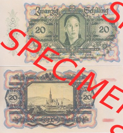 Banknoten Österreich 1946-1946, 20 Schilling. Vorderseite und Rückseite auf einen Digitalen Bild der Banknoten von Österreich... Sammlung