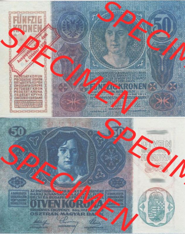 Banknoten Österreich 1920-1920, 50 Kronen Aufdruck. Vorderseite und Rückseite auf einen Digitalen Bild der Banknoten von Österreich 1920 nach 4. Oktober 1920, Banknoten... Sammlung