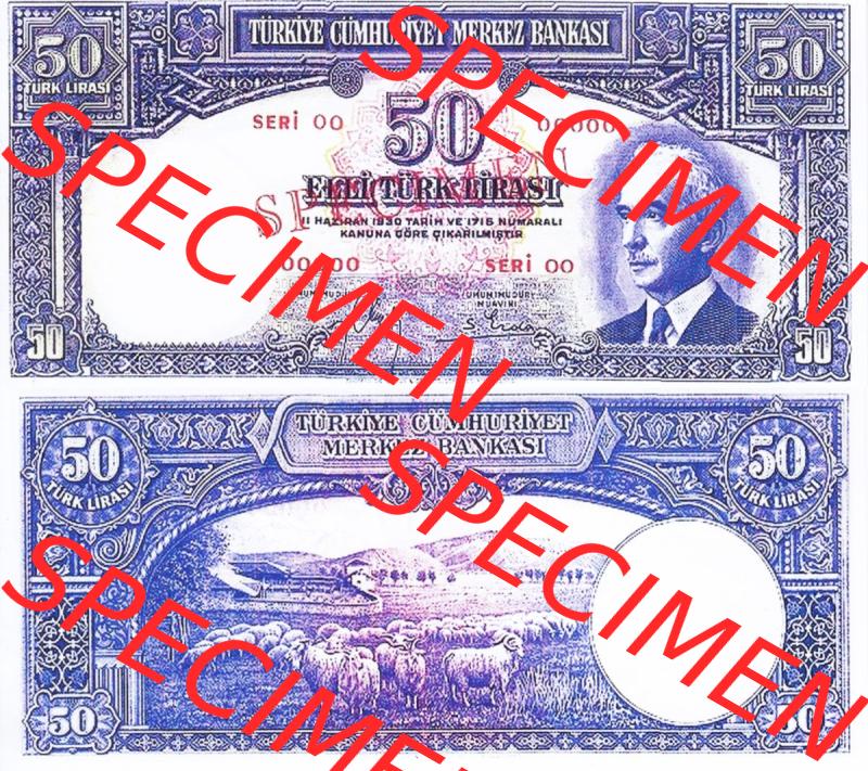 Banknote Türkei 1942, P136, 50 Lira. Vorderseite und Rückseite auf einen Digitalen Bild der Banknoten der Türkei 1940-1944, Banknoten aus Satz der Banknoten der... Sammlung