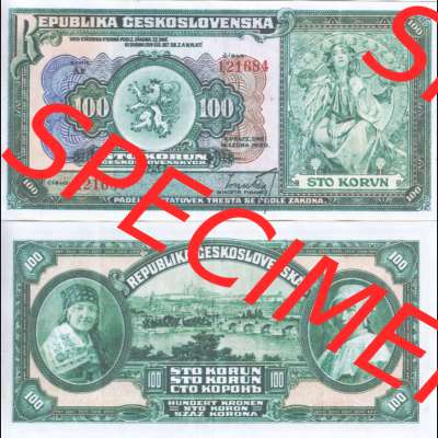 Banknoten Tschechoslowakei 1920-1920, 100 Kronen. Vorderseite und Rückseite auf einen Digitalen Bild der Banknoten der Tschechoslowakei 1920-1923, Banknoten aus Satz der Banknoten... Sammlung