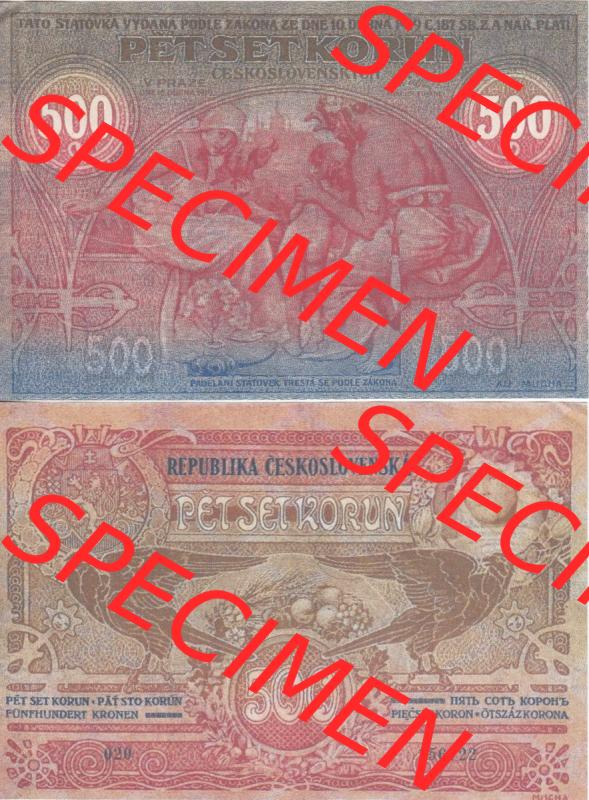 Banknoten Tschechoslowakei 1919-1919, 500 Korun. Vorderseite und Rückseite auf einen Digitalen Bild der Banknoten der Tschechoslowakei 1919, Banknoten aus Satz der Banknoten Tschechoslowakei... Sammlung