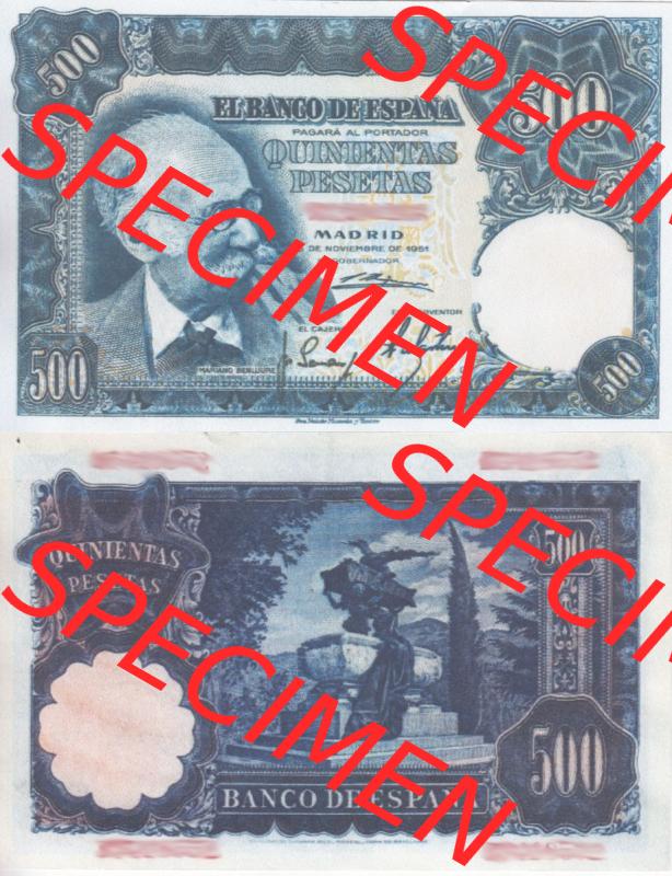 Banknoten Spanien 1951-1952, 500 Peseten. Vorderseite und Rückseite auf einen Digitalen Bild der Banknoten von Spanien 1951-1956, Banknoten aus Satz der Banknoten Spanien 1951-1956... Sammlung
