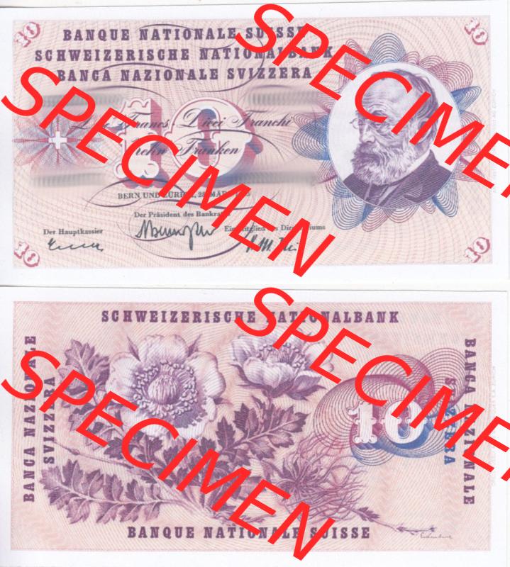 Banknoten Schweiz 1955-1977, 10 Franken. Vorderseite und Rückseite auf einen Digitalen Bild der Banknoten der Schweiz 1954-1977, Banknoten aus Satz der Banknoten Schweiz 1954-1977... Sammlung