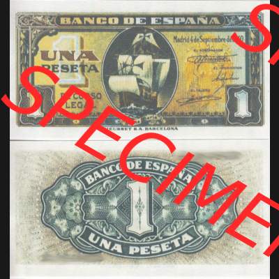 Banknoten Spanien 1940-1940, 1 Pesete September 1940. Vorderseite und Rückseite auf einen Digitalen Bild der Banknoten von Spanien 1940, 1943, 1945, Banknoten aus Satz... Sammlung
