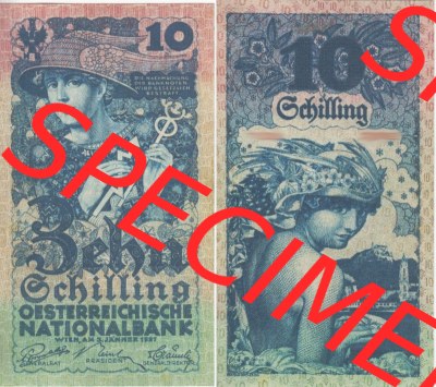 Banknoten Österreich 1927-1927, 10 Schilling. Vorderseite und Rückseite auf einen Digitalen Bild der Banknoten von Österreich... Sammlung