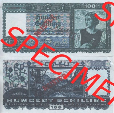 Banknoten Österreich 1936-1936, 100 Schilling. Vorderseite und Rückseite auf einen Digitalen Bild der Banknoten von Österreich... Sammlung