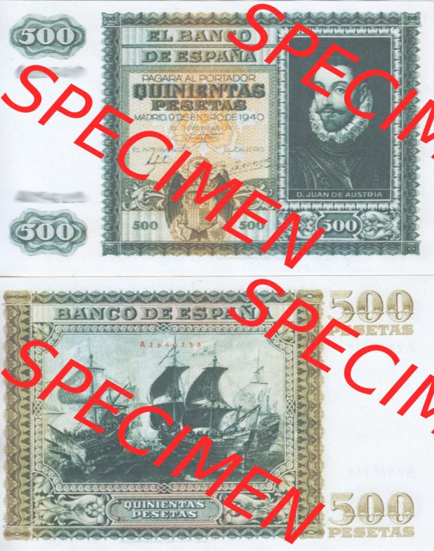 Banknoten Spanien 1940-1945, 500 Peseten. Vorderseite und Rückseite auf einen Digitalen Bild der Banknoten von Spanien 1940, 1943, 1945, Banknoten aus Satz der Banknoten... Sammlung