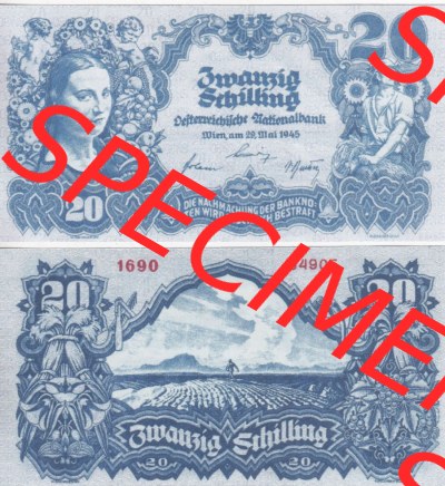 Banknoten Österreich 1945-1945, 20 Schilling. Vorderseite und Rückseite auf einen Digitalen Bild der Banknoten von Österreich... Sammlung