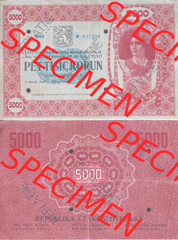 Banknoten Tschechoslowakei 1919-1919, 5000 Korun. Vorderseite und Rückseite auf einen Digitalen Bild der Banknoten der Tschechoslowakei 1919, Banknoten aus Satz der Banknoten Tschechoslowakei... Sammlung