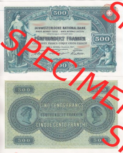 Banknoten Schweiz 1907-1907, 500 Franken. Vorderseite und Rückseite auf einen Digitalen Bild der Banknoten der Schweiz 1907,... Sammlung