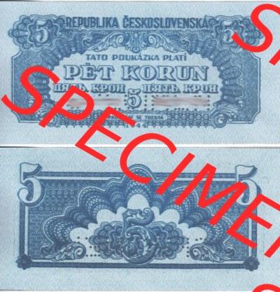 Banknoten Tschechoslowakei 1944-1944, 5 Kronen. Vorderseite und Rückseite auf einen Digitalen Bild der Banknoten der Tschechoslowakei... Sammlung