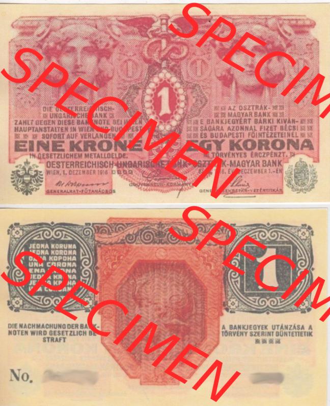Banknoten Österreich 1916-1916, 1 Krone. Vorderseite und Rückseite auf einen Digitalen Bild der Banknoten von Österreich 1916-1918, Banknoten aus Satz der Banknoten Österreich... Sammlung