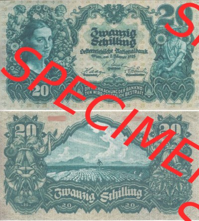 Banknoten Österreich 1928-1928, 20 Schilling. Vorderseite und Rückseite auf einen Digitalen Bild der Banknoten von Österreich... Sammlung