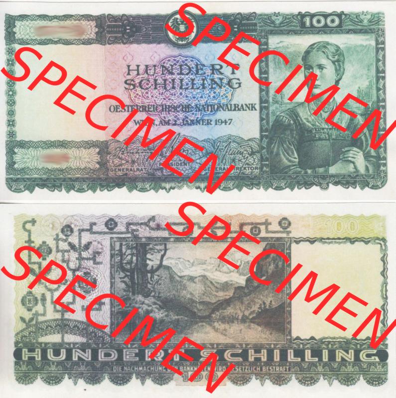 Banknoten Österreich 1947-1947, 100 Schilling. Vorderseite und Rückseite auf einen Digitalen Bild der Banknoten von Österreich 1945-1947, Banknoten aus Satz der Banknoten... Sammlung
