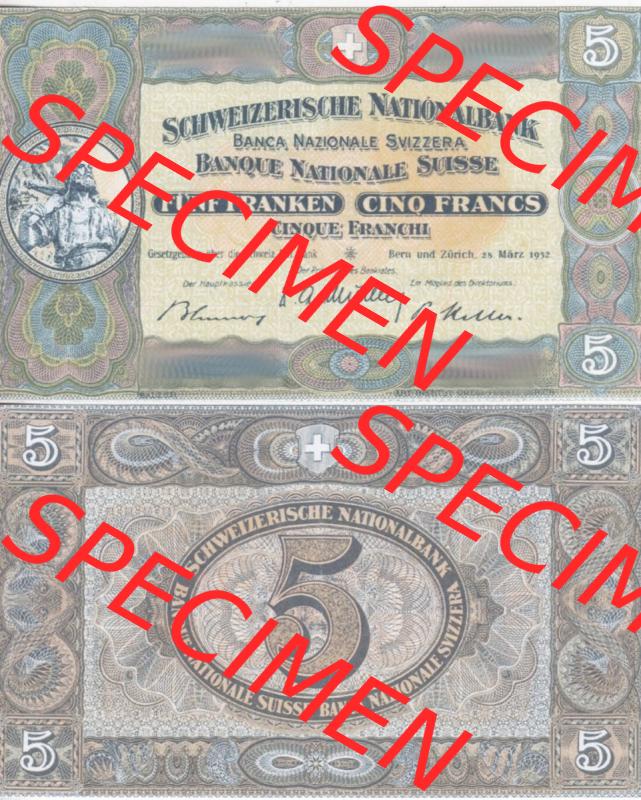 Banknoten Schweiz 1913-1953, 5 Franken. Vorderseite und Rückseite auf einen Digitalen Bild der Banknoten der Schweiz 1913-1955, Banknoten aus Satz der Banknoten Schweiz 1913-1955... Sammlung