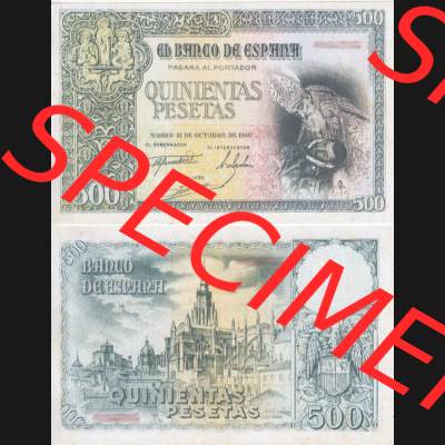 Banknoten Spanien 1940-1940, 500 Peseten. Vorderseite und Rückseite auf einen Digitalen Bild der Banknoten von Spanien 1940, 1943, 1945, Banknoten aus Satz der Banknoten... Sammlung