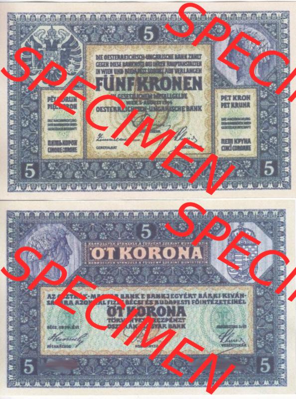 Banknoten Österreich 1914-1914, 5 Kronen. Vorderseite und Rückseite auf einen Digitalen Bild der Banknoten von Österreich 1913-1919, Banknoten aus Satz der Banknoten Österreich... Sammlung