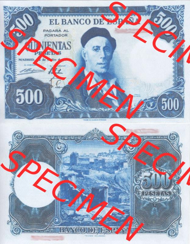 Banknoten Spanien 1954-1958, 500 Peseten. Vorderseite und Rückseite auf einen Digitalen Bild der Banknoten von Spanien 1953-1958, Banknoten aus Satz der Banknoten Spanien 1953-1958... Sammlung