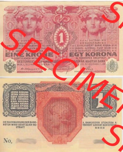 Banknoten Österreich 1916-1916, 1 Krone. Vorderseite und Rückseite auf einen Digitalen Bild der Banknoten von Österreich 1916-1918,... Sammlung
