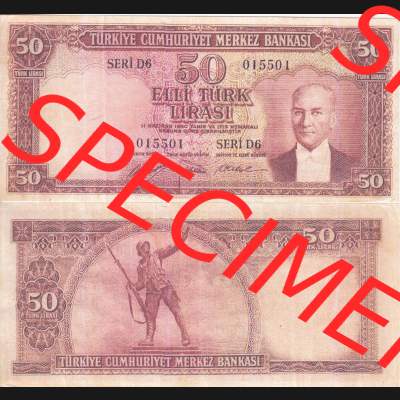 Banknote Türkei 1951, P162, 50 Lira. Vorderseite und Rückseite auf einen Digitalen Bild der Banknoten der Türkei 1951-1960, Banknoten aus Satz der Banknoten der... Sammlung