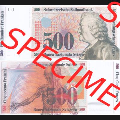 Banknoten Schweiz 1985-1985, 500 Franken. Vorderseite und Rückseite auf einen Digitalen Bild der Banknoten der Schweiz 1983-1985, Banknoten aus Satz der Banknoten Schweiz 1983-1985... Sammlung