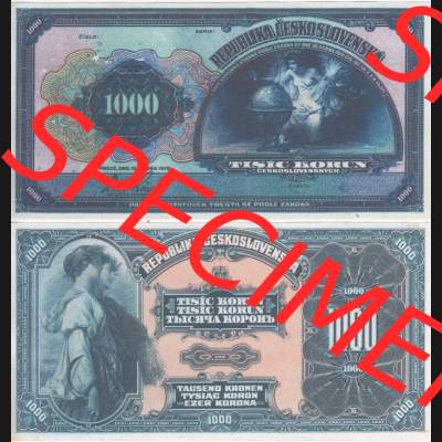 Banknoten Tschechoslowakei 1919-1919, 1000 Korun. Vorderseite und Rückseite auf einen Digitalen Bild der Banknoten der Tschechoslowakei 1919, Banknoten aus Satz der Banknoten Tschechoslowakei... Sammlung