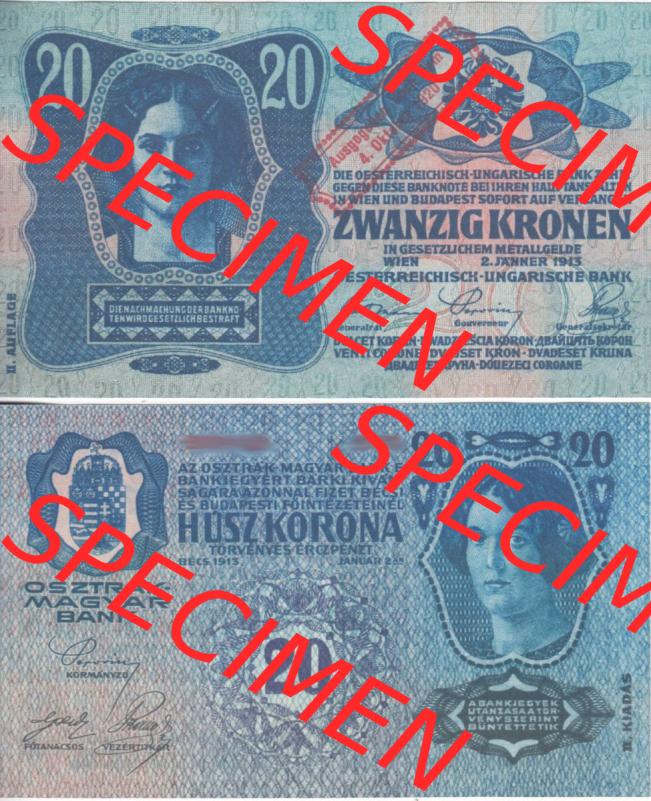 Banknoten Österreich 1920-1920, 20 Kronen Aufdruck. Vorderseite und Rückseite auf einen Digitalen Bild der Banknoten von Österreich 1920 nach 4. Oktober 1920, Banknoten... Sammlung