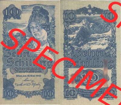 Banknoten Österreich 1945-1945, 10 Schilling. Vorderseite und Rückseite auf einen Digitalen Bild der Banknoten von Österreich... Sammlung