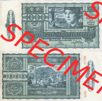 Banknoten Österreich 1947-1947, 1000 Schilling. Vorderseite und Rückseite auf einen Digitalen Bild der Banknoten von Österreich... Sammlung