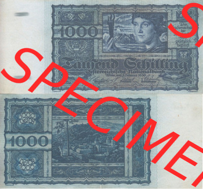 Banknoten Österreich 1930-1930, 1000 Schilling. Vorderseite und Rückseite auf einen Digitalen Bild der Banknoten von Österreich... Sammlung