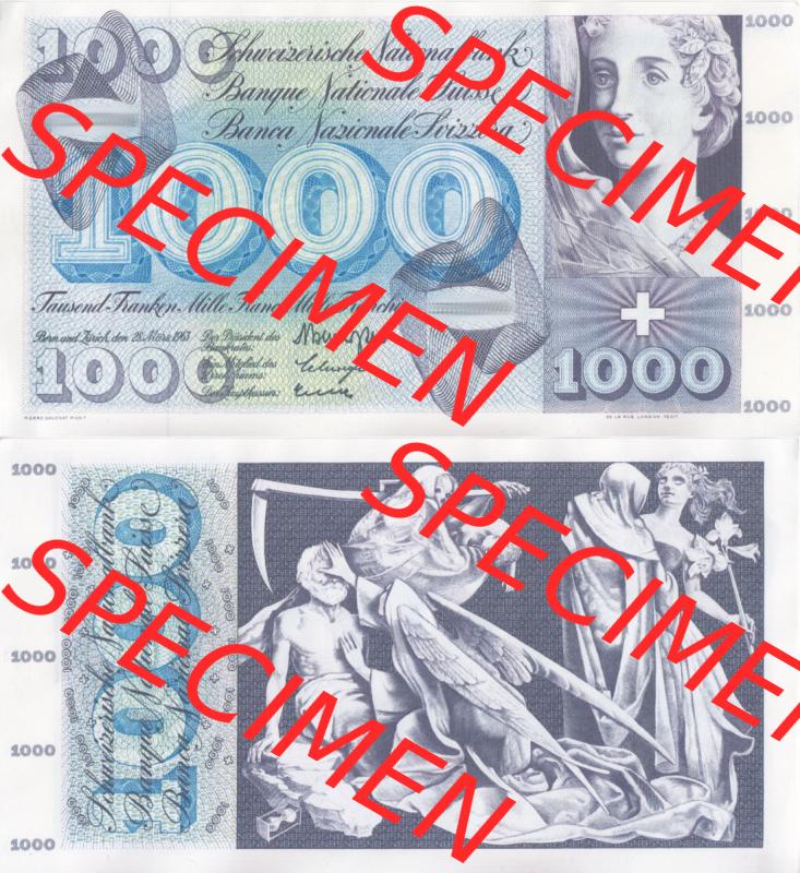 Banknoten Schweiz 1954-1974, 1000 Franken. Vorderseite und Rückseite auf einen Digitalen Bild der Banknoten der Schweiz 1954-1977, Banknoten aus Satz der Banknoten Schweiz 1954-1977... Sammlung