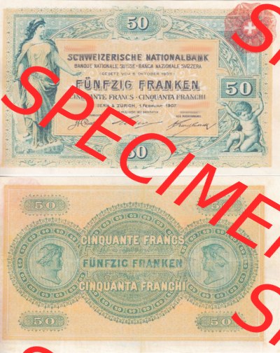 Banknoten Schweiz 1907-1907, 50 Franken. Vorderseite und Rückseite auf einen Digitalen Bild der Banknoten der Schweiz 1907, Banknoten... Sammlung