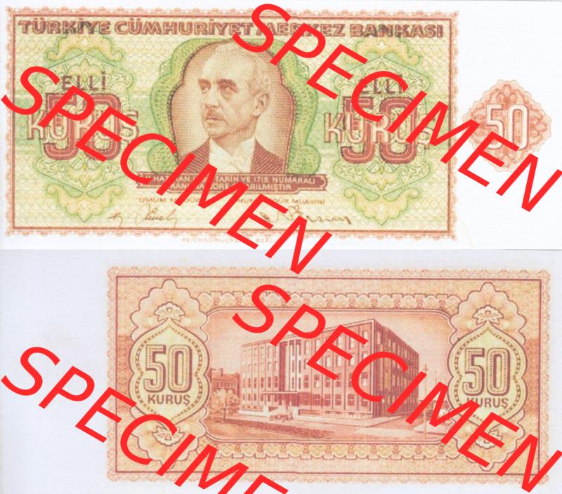 Banknote Türkei 1944, P134, 50 Kurus. Vorderseite und Rückseite auf einen Digitalen Bild der Banknoten der Türkei 1940-1944, Banknoten aus Satz der Banknoten der... Sammlung