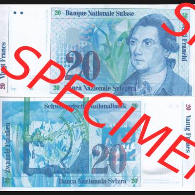 Banknoten Schweiz 1985-1985, 20 Franken. Vorderseite und Rückseite auf einen Digitalen Bild der Banknoten der Schweiz 1983-1985, Banknoten aus Satz der Banknoten Schweiz 1983-1985... Sammlung