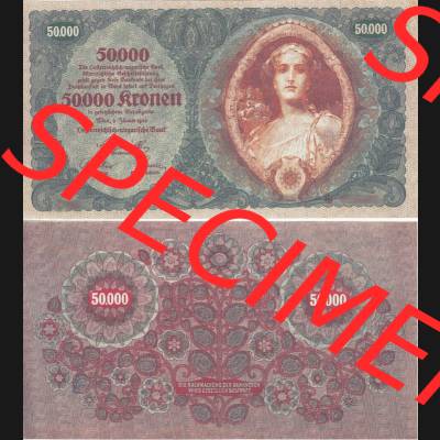 Banknoten Österreich 1922-1922, 50.000 Kronen I. Vorderseite und Rückseite auf einen Digitalen Bild der Banknoten von Österreich 1922, Banknoten aus Satz der Banknoten... Sammlung