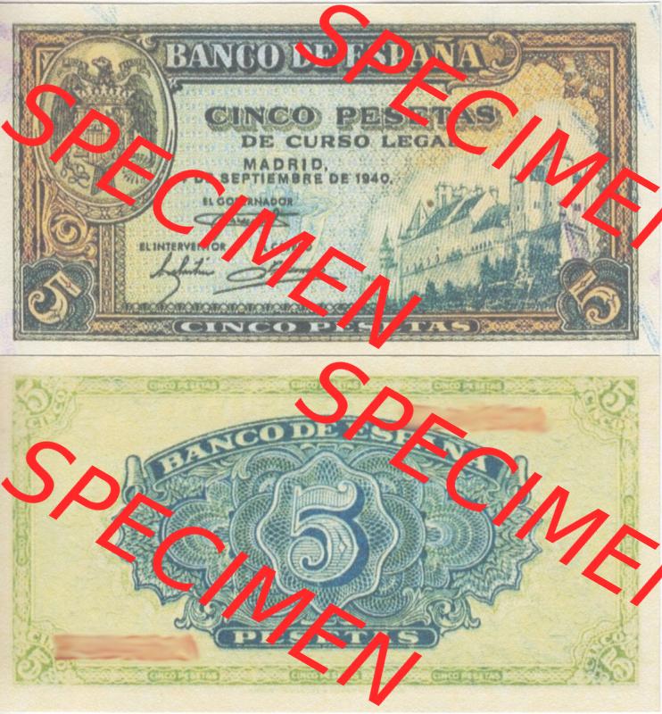 Banknoten Spanien 1940-1940, 5 Peseten. Vorderseite und Rückseite auf einen Digitalen Bild der Banknoten von Spanien 1940, 1943, 1945, Banknoten aus Satz der Banknoten... Sammlung