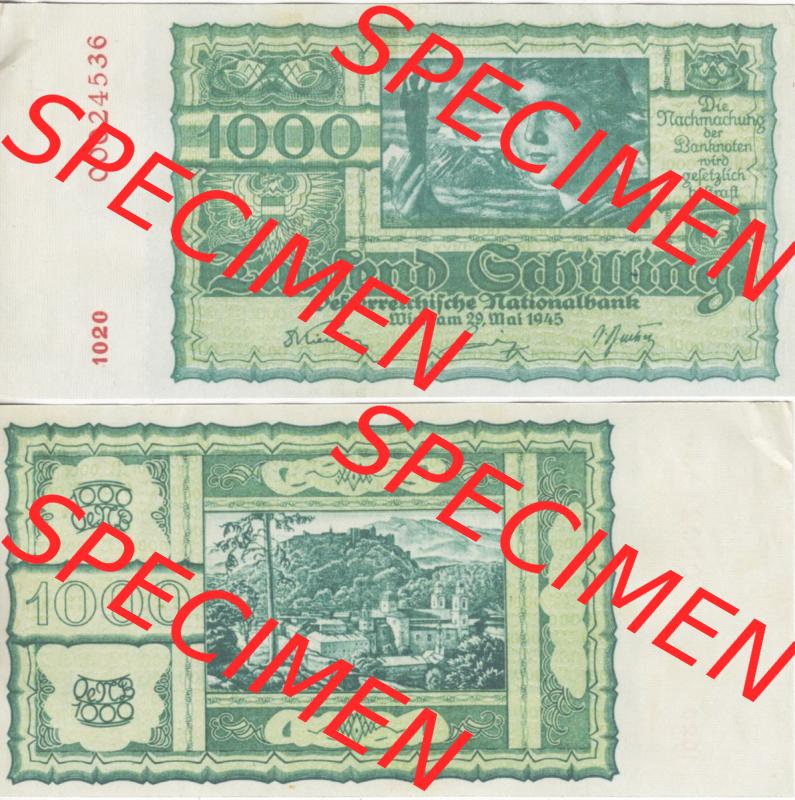 Banknoten Österreich 1945-1945, 1000 Schilling. Vorderseite und Rückseite auf einen Digitalen Bild der Banknoten von Österreich 1945 Schilling, Banknoten aus Satz der... Sammlung