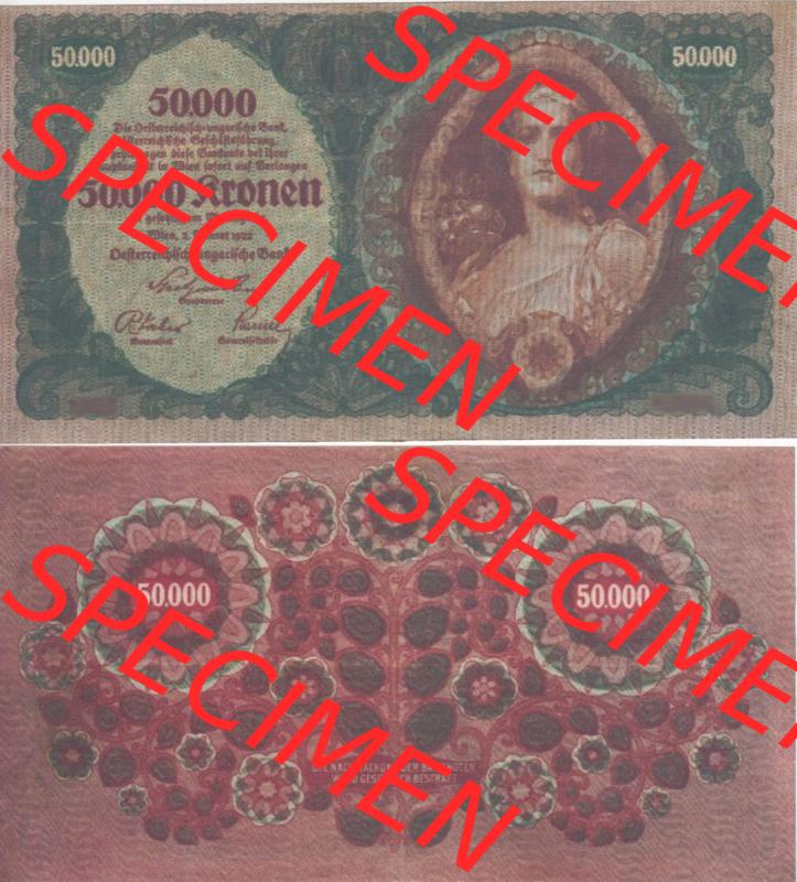 Banknoten Österreich 1922-1922, 50.000 Kronen II. Vorderseite und Rückseite auf einen Digitalen Bild der Banknoten von Österreich 1922, Banknoten aus Satz der Banknoten... Sammlung