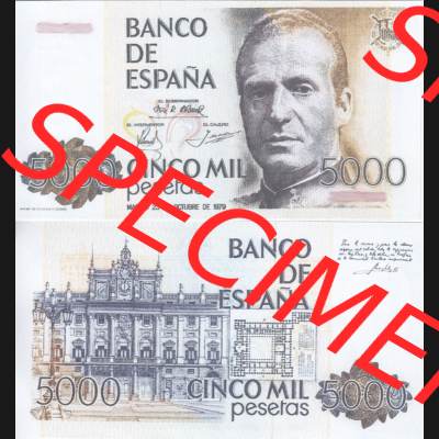 Banknoten Spanien 1979-1982, 5000 Peseten. Vorderseite und Rückseite auf einen Digitalen Bild der Banknoten von Spanien 1979-1987, Banknoten aus Satz der Banknoten Spanien 1979-1987... Sammlung