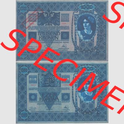 Banknoten Österreich 1920-1920, 1000 Kronen Aufdruck. Vorderseite und Rückseite auf einen Digitalen Bild der Banknoten von Österreich 1920 nach 4. Oktober 1920,... Sammlung