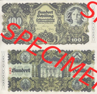 Banknoten Österreich 1945-1945, 100 Schilling Zweite Ausgabe. Vorderseite und Rückseite auf einen Digitalen Bild der Banknoten... Sammlung
